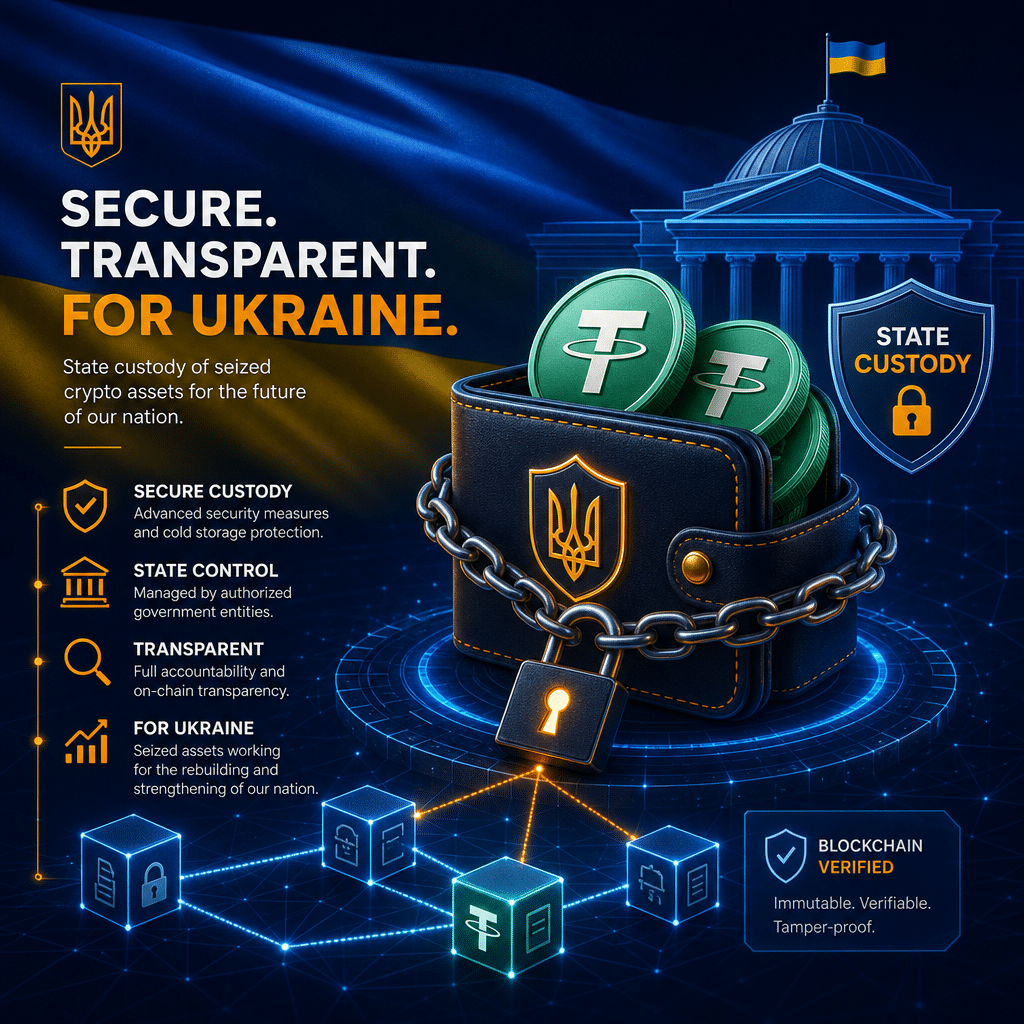 SEO-Focused Alt-Text for Your Image: Modern digital illustration sized 1200x628 pixels featuring Ukrainian flag motifs in the background. In the foreground, a secure digital wallet containing Tether (USDT) cryptocurrency coins is shown, reinforced by stylized chains, digital locks, and blockchain network graphics symbolizing strong security and custody. Elements such as a government building icon and shield represent state authority, conveying the innovative and secure government management of seized crypto assets. Brand colors #FF9811 (orange), #000D43 (dark blue), and #021B88 (midnight blue) create a sleek, professional look.