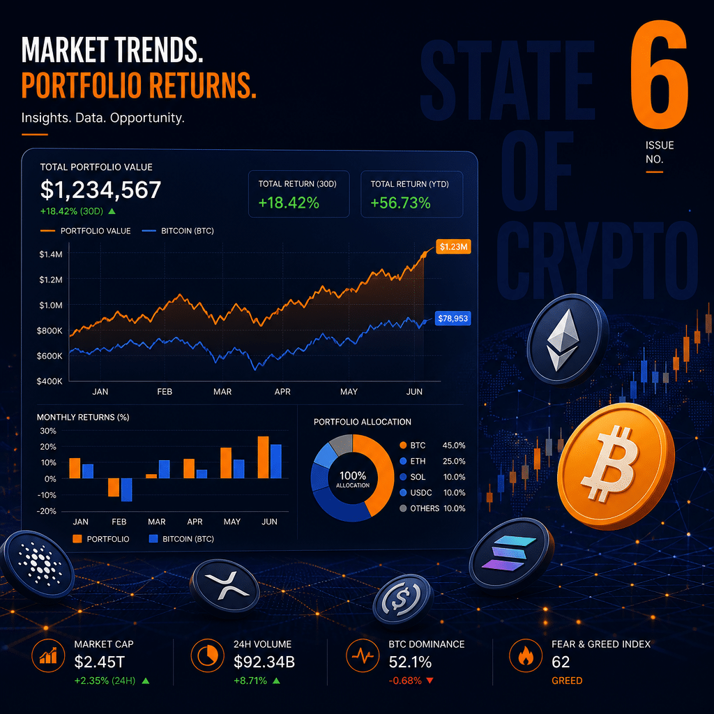 "Market trends and portfolio returns graph overlaid with bright orange Bitcoin and dark blue Ethereum icons, representing the sixth issue of the 'STATE OF CRYPTO' report, with a visible '6' and a midnight blue watermark in the top right corner, perfectly sized at 1200x628 pixels."