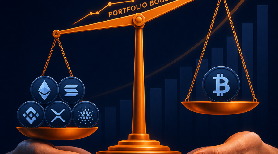"Two hands holding an orange balance scale with a heavier side due to five various cryptocurrency icons in dark blue, against a single Bitcoin icon, symbolizing the dominance and investment potential in a cryptocurrency portfolio. An uplifting trend line displayed on the scale beam showing portfolio boost and increase in returns. A midnight blue background featuring a subtle upward trending bar chart in orange, signifying higher returns in crypto investments. Image size is 1200 x 628 pixels."