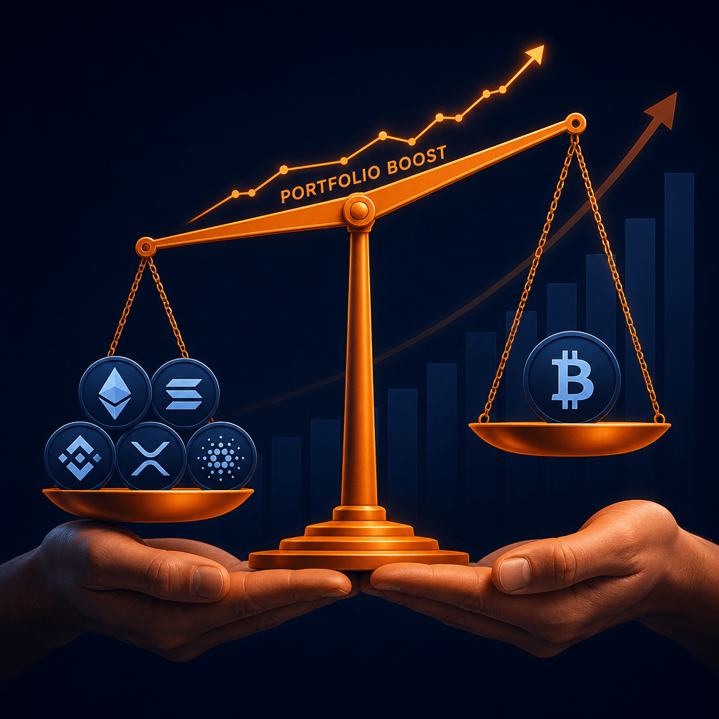 "Two hands holding an orange balance scale with a heavier side due to five various cryptocurrency icons in dark blue, against a single Bitcoin icon, symbolizing the dominance and investment potential in a cryptocurrency portfolio. An uplifting trend line displayed on the scale beam showing portfolio boost and increase in returns. A midnight blue background featuring a subtle upward trending bar chart in orange, signifying higher returns in crypto investments. Image size is 1200 x 628 pixels."