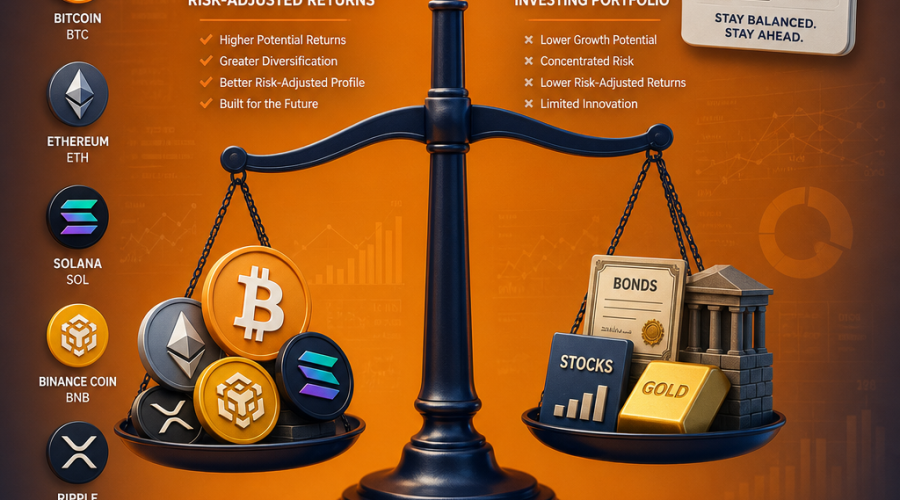 "SEO alt-text: Diversified financial portfolio visual illustration with bitcoin, top five crypto assets on orange background, scale showcasing improved risk-adjusted returns vs traditional investing portfolio, overlaid with dark blue opaque layer for depth. Top right features quarterly calendar emblem symbolizing rebalancing strategy, and bottom displays company logo in midnight blue. Image is 1200 x 628 pixels."
