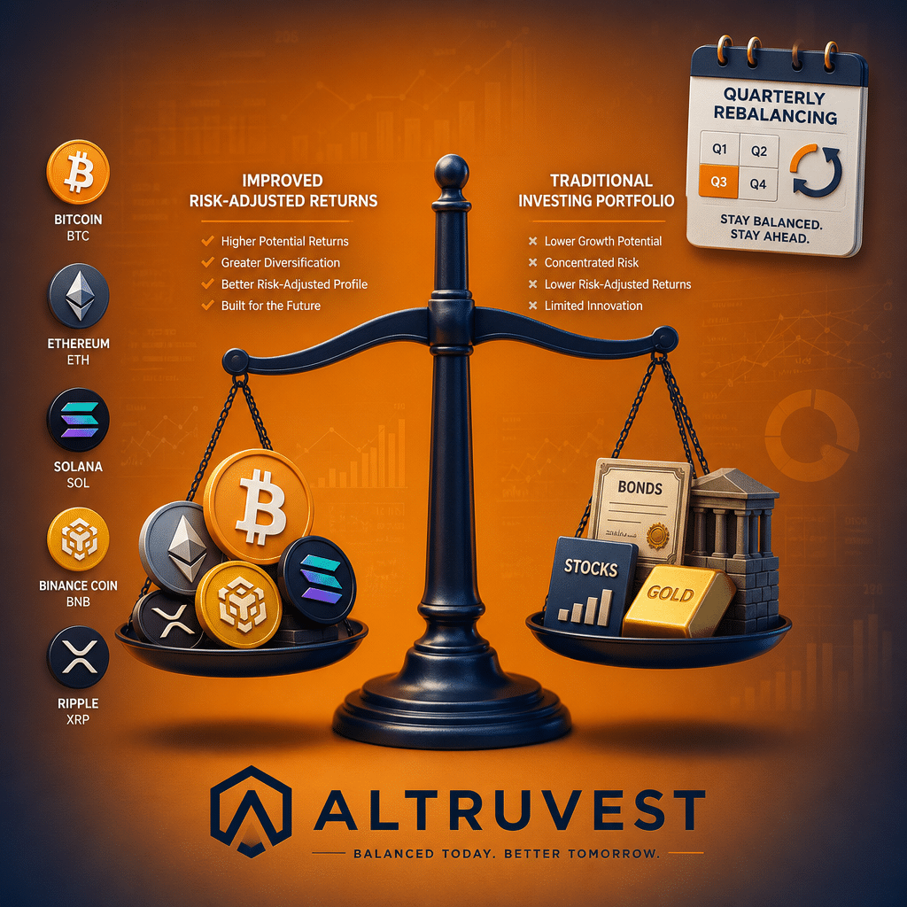 "SEO alt-text: Diversified financial portfolio visual illustration with bitcoin, top five crypto assets on orange background, scale showcasing improved risk-adjusted returns vs traditional investing portfolio, overlaid with dark blue opaque layer for depth. Top right features quarterly calendar emblem symbolizing rebalancing strategy, and bottom displays company logo in midnight blue. Image is 1200 x 628 pixels."
