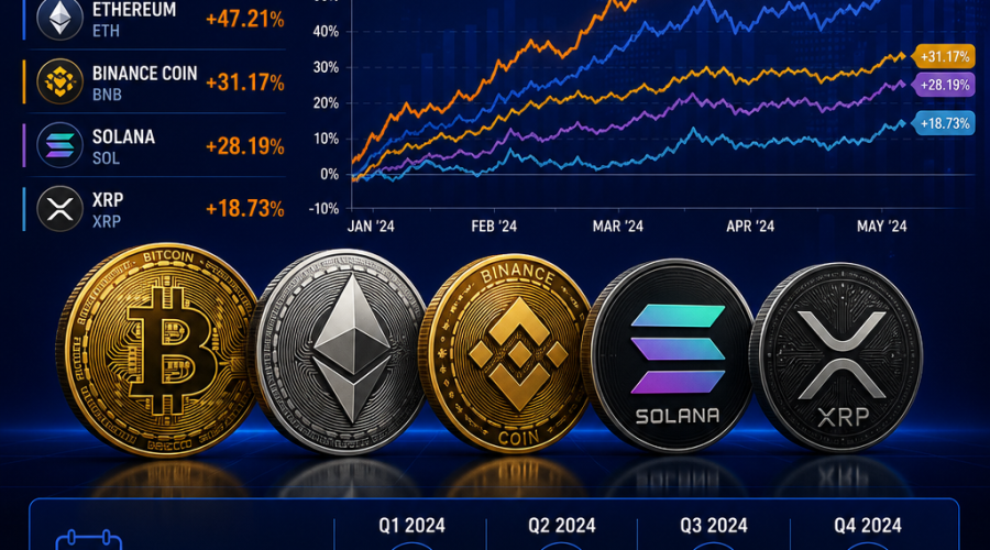 "A sophisticated data graph of the top five cryptocurrencies with sharp orange trend lines for positive performance, set against a dark and midnight blue color scheme, featuring a compact quarterly calendar chart showing key rebalancing periods, with the impactful phrase 'Performance does not correlate with market timing' highlighted in white text, all laid out in a sleek, glossy 3D design within a 1200 x 628 pixel space."