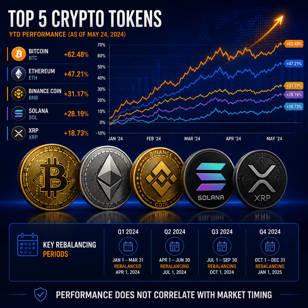 "A sophisticated data graph of the top five cryptocurrencies with sharp orange trend lines for positive performance, set against a dark and midnight blue color scheme, featuring a compact quarterly calendar chart showing key rebalancing periods, with the impactful phrase 'Performance does not correlate with market timing' highlighted in white text, all laid out in a sleek, glossy 3D design within a 1200 x 628 pixel space."