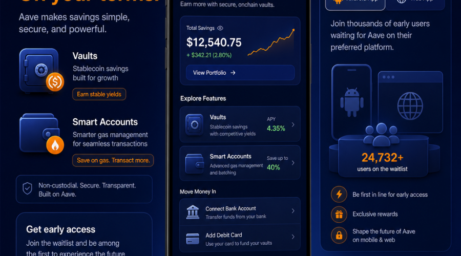 "Early users onboard the Aave Mobile App showcasing savings features, including stablecoin savings vaults and smart accounts for efficient gas management. Interfaces for connecting bank accounts and debit card functionalities are prominently displayed. Background teases a waitlist for Android and Web users. Visuals painted in brand colors, highlighting CTAs in striking Orange #FF9811, a dominant background in Dark Blue #000D43, and key elements in supportive Midnight Blue #021B88. Perfect dimensions 1200 x 628 pixels ensuring optimal visibility."