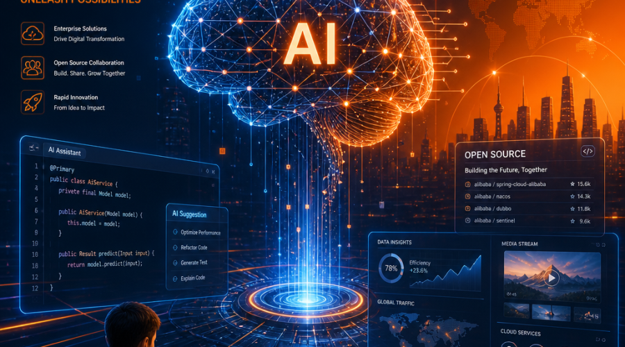 Certainly! Here is an SEO-optimized alt-text for your image prompt: "Futuristic digital workspace illustration featuring a glowing AI brain composed of interconnected circuits in dark blue, midnight blue, and orange, hovering above holographic screens displaying code, charts, and multimedia data streams. The sleek gradient background reflects Alibaba brand colors, with subtle enterprise productivity, open-source collaboration, and rapid innovation elements, sized 1200x628 pixels." Let me know if you want it condensed or focused on specific keywords!