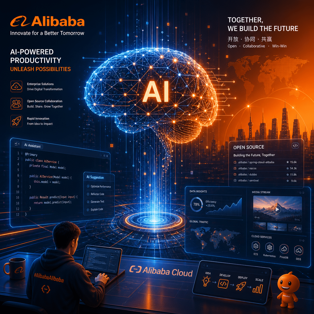 Certainly! Here is an SEO-optimized alt-text for your image prompt: "Futuristic digital workspace illustration featuring a glowing AI brain composed of interconnected circuits in dark blue, midnight blue, and orange, hovering above holographic screens displaying code, charts, and multimedia data streams. The sleek gradient background reflects Alibaba brand colors, with subtle enterprise productivity, open-source collaboration, and rapid innovation elements, sized 1200x628 pixels." Let me know if you want it condensed or focused on specific keywords!