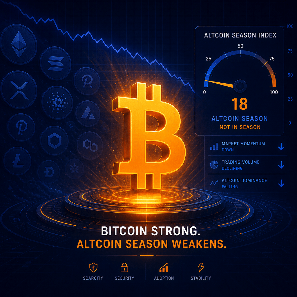 **SEO Alt-Text:** Modern digital illustration sized 1200x628 pixels featuring a glowing orange Bitcoin symbol at the center with radiant dark blue and orange highlights, surrounded by smaller, faded midnight blue altcoin icons receding into the background. Subtle graphical elements like a declining index chart and gauge overlay the scene, visually emphasizing Bitcoin’s strength and stability amid a dropping Altcoin Season Index. The fintech-inspired design, utilizing #FF9811 and #000D43 brand colors, provides a professional, eye-catching feature image for a cryptocurrency blog article on Bitcoin’s dominance over weakening altcoins.
