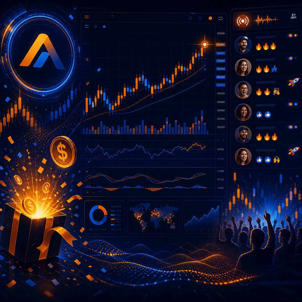 altsignals digital trading banner with glowing charts community avatars and $500 giveaway icons in a sleek tech-inspired style