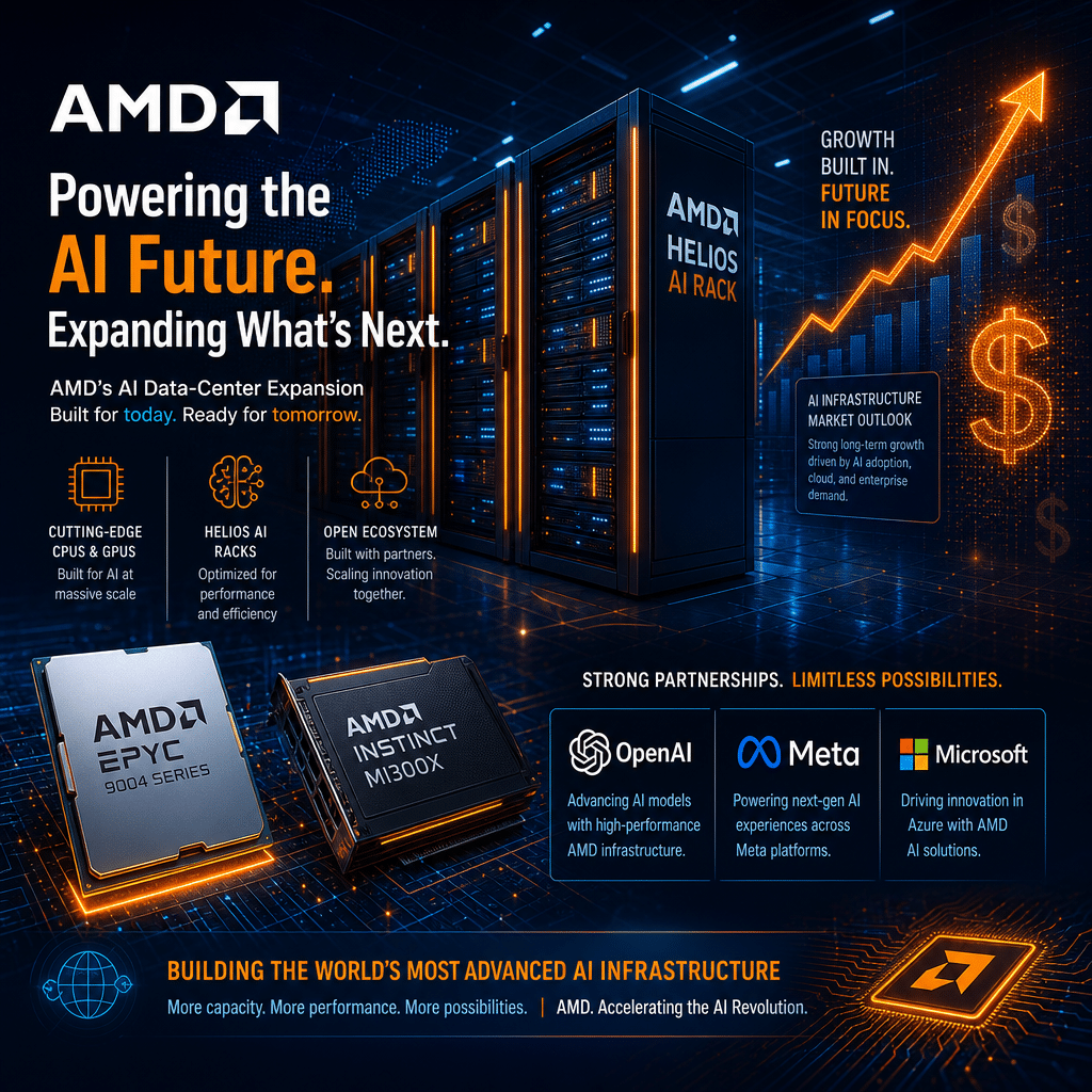 Alt-text for SEO (example): "Sleek modern illustration of AMD's AI data center expansion, featuring Helios AI server racks and glowing AMD CPUs/GPUs in brand orange (#FF9811) and deep blues (#000D43, #021B88). The scene includes dynamic digital network connections, rising financial growth motifs like stylized dollar signs and bond graphs, plus subtle logos nodding to partnerships with OpenAI, Meta, and Microsoft. Futuristic tech innovation background, sized 1200x628px, ideal for tech designer blog features."