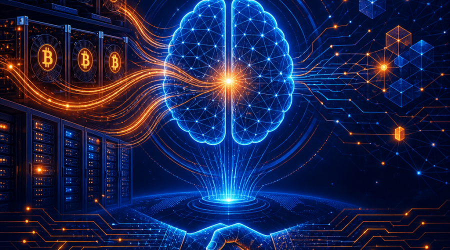 **SEO Alt-text:** Modern digital illustration featuring converging data flows from stylized bitcoin mining servers and rigs toward a central glowing AI brain, accented by intersecting circuits and handshake motifs on a deep dark blue and vibrant orange palette, symbolizing innovation, collaboration, and the fusion of artificial intelligence and high-performance crypto infrastructure for a technology blog header.