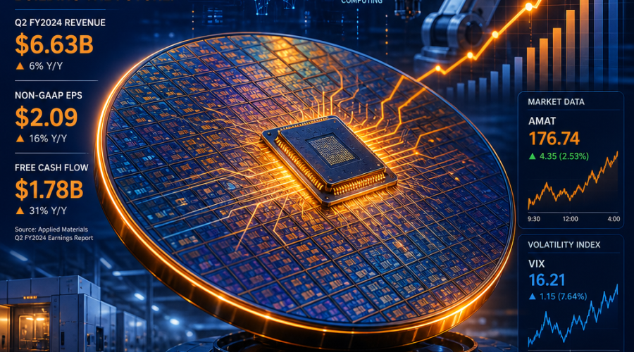 SEO Alt-Text: Modern digital illustration showing a stylized semiconductor wafer with intricate glowing circuits and microchips, overlaid by upward-trending financial graphs and stock market symbols, representing strong earnings and market volatility. The background subtly features artificial intelligence, cloud icons, and robotic elements, highlighting Applied Materials' leadership in next-generation technology. The image uses Applied Materials’ brand colors: vibrant orange (#FF9811), dark blue (#000D43), and midnight blue (#021B88) for a sleek, professional, and innovative look.