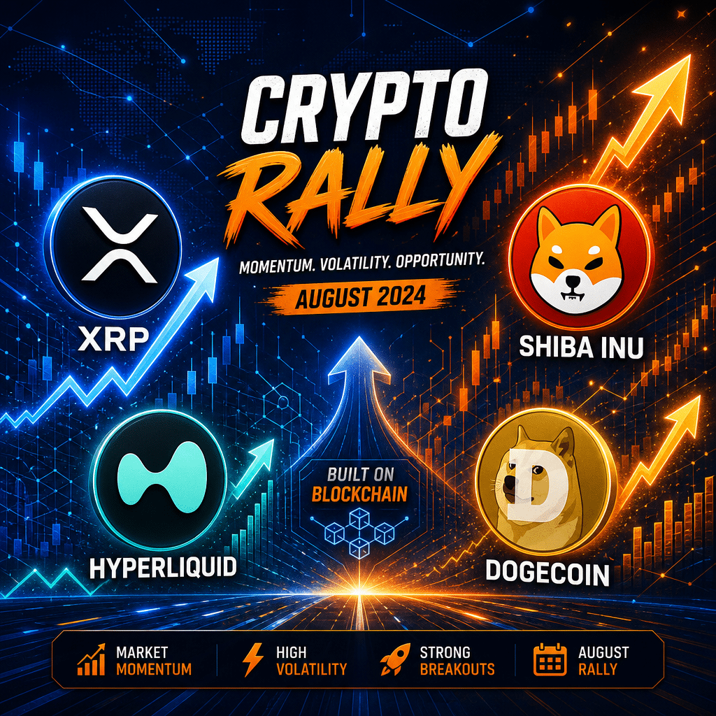 Certainly! Here’s an SEO-optimized alt-text for your described image: **Alt-text:** “Sleek digital artwork featuring XRP, Shiba Inu, Hyperliquid, and Dogecoin logos arranged centrally with upward arrows and graphs, symbolizing crypto growth and bullish momentum. Vibrant orange, dark blue, and midnight blue colors create an energetic blockchain and candlestick chart background, illustrating August’s volatile crypto rally in a polished, modern fintech style.” Let me know if you need it shortened or tailored for a specific platform!