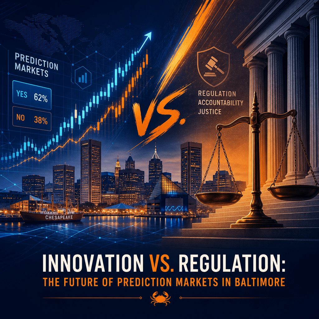 **SEO Optimized Alt Text:** Modern WordPress blog header image sized 1200x628 pixels illustrating the clash between innovative fintech prediction markets and legal regulation; left side features stylized legal scales and court columns in dark blue and midnight blue tones, representing authority, while the right side displays dynamic digital charts and market graphs in vibrant orange and blue, symbolizing fintech innovation; Baltimore city skyline subtly appears in the background, with the entire header using a palette of orange (#FF9811), dark blue (#000D43), and midnight blue (#021B88) to convey both modernity and professionalism.