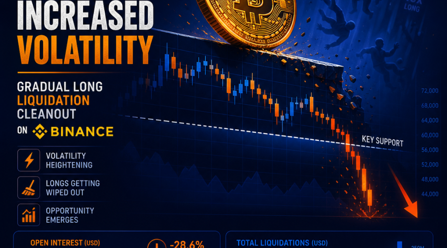 **SEO-Friendly Alt Text:** Stylized Bitcoin coin teetering on the edge of a dark blue candlestick price chart breaking below a support line, with falling orange and midnight blue graphs signifying declining open interest and increasing liquidations on Binance, set against a modern, high-stakes backdrop using #FF9811 orange, #000D43 dark blue, and #021B88 midnight blue; subtle visuals of leveraged positions fading away, representing Bitcoin volatility and long liquidation cleanout.