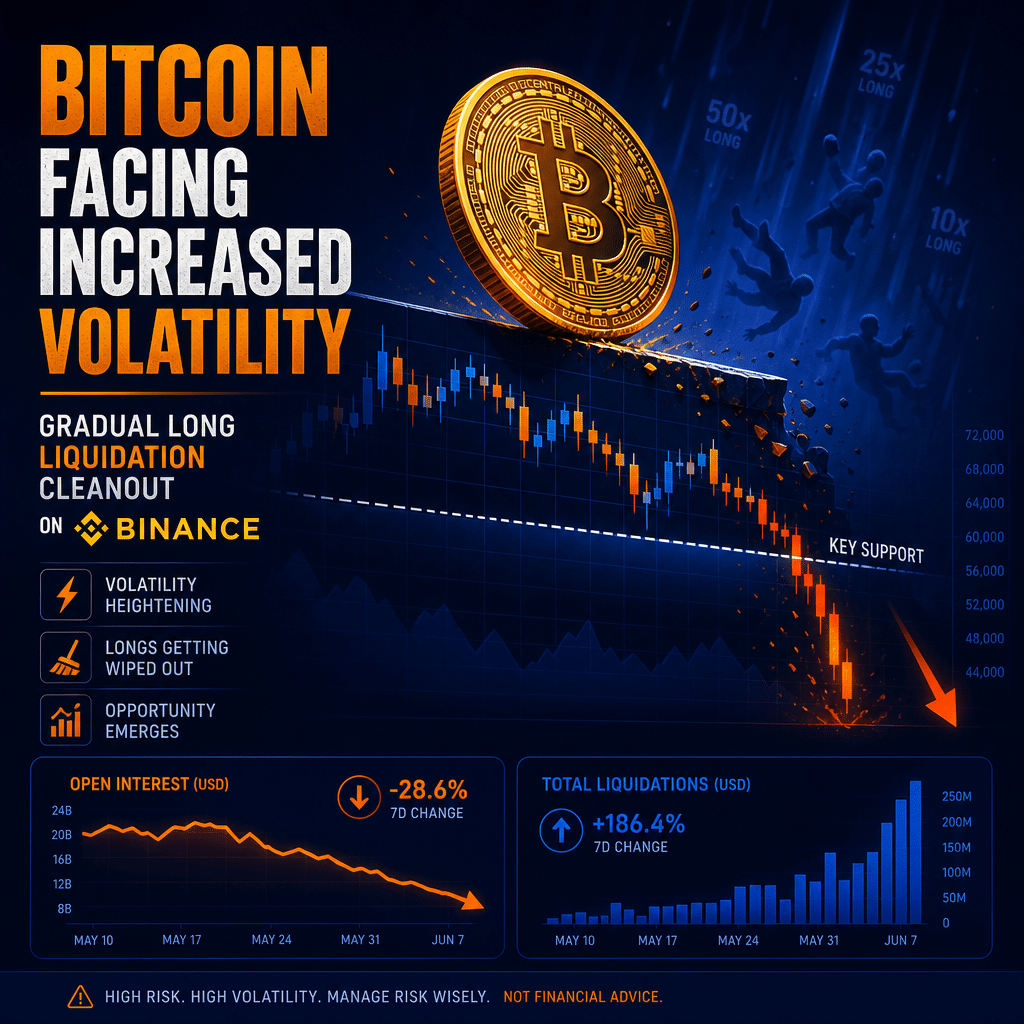 **SEO-Friendly Alt Text:** Stylized Bitcoin coin teetering on the edge of a dark blue candlestick price chart breaking below a support line, with falling orange and midnight blue graphs signifying declining open interest and increasing liquidations on Binance, set against a modern, high-stakes backdrop using #FF9811 orange, #000D43 dark blue, and #021B88 midnight blue; subtle visuals of leveraged positions fading away, representing Bitcoin volatility and long liquidation cleanout.