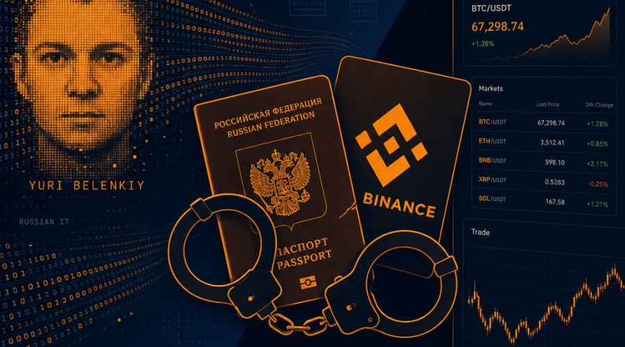 "Dark and midnight blue background depicting a conceptual digital illustration of a Russian passport, Binance logo, and handcuffs for a blog post about finance terrorism and Russian IT. Features Yuri Belenkiy's pixelated face carved from abstract cyber data and visuals of the Binance platform in orange and midnight blue. Subtle references to Ukrainian groups populate the image in a flat, contemporary, online digital style. Dimensions are 1200 x 628 pixels."