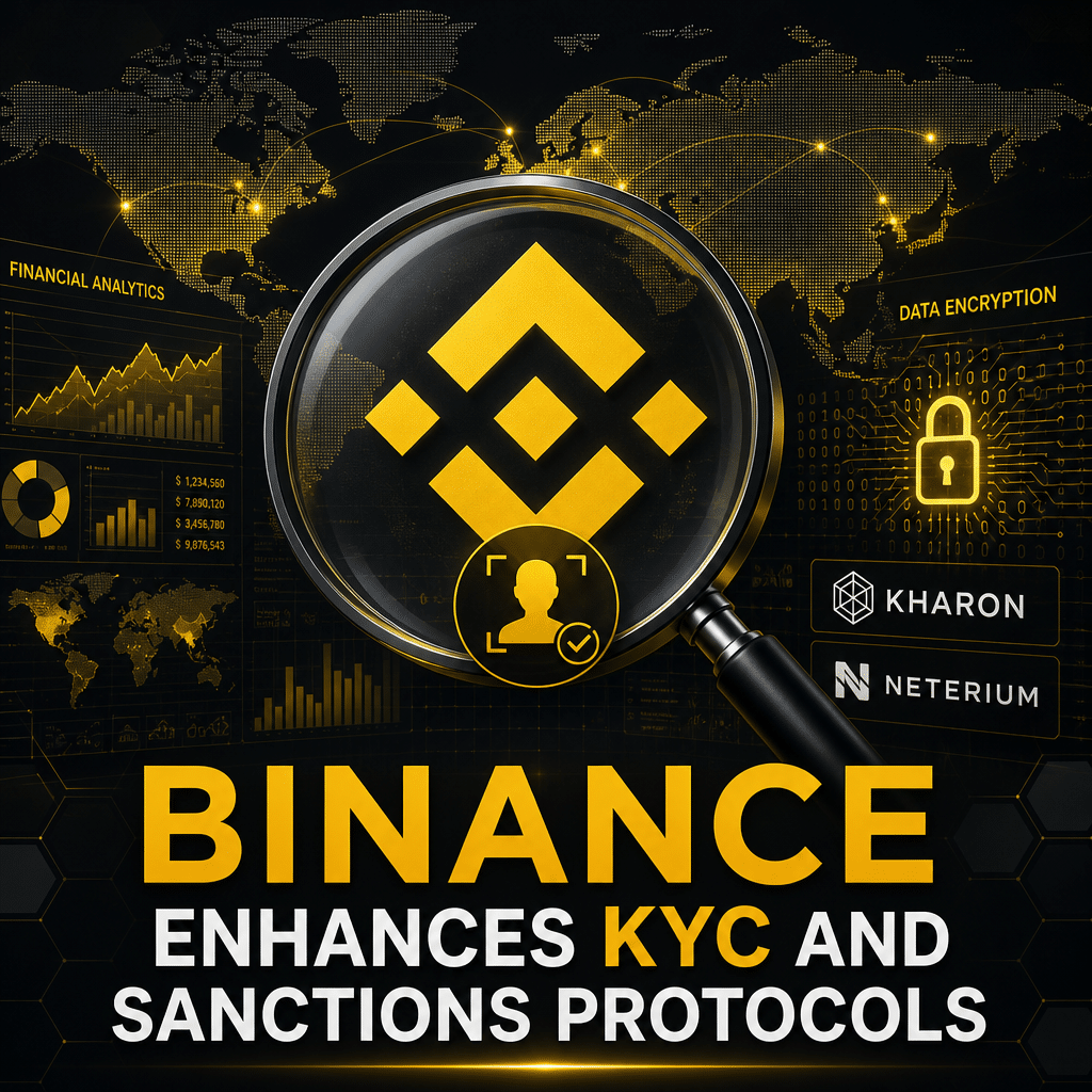 "Binance logo being magnified to symbolize its enhanced KYC process; with financial analytics, data encryption elements subtly woven into the background indicating its collaboration with Kharon and Neterium; global map overlay reflecting Binance's global operations; all creatively rendered in brand colors highlighting contrasting elements; caption 'Binance Enhances KYC and Sanctions Protocols' boldly displayed at the bottom."