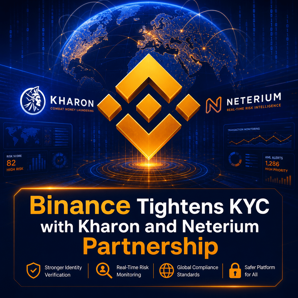 "3D Binance logo alongside Kharon and Neterium logos in the foreground of an image featuring digital data streams, analytical graphs, and globes indicating global transactions and regulations. Image incorporates brand colors of Orange, Dark Blue, and Midnight Blue for a clean, modern design. Text overlay reads 'Binance Tightens KYC with Kharon and Neterium Partnership'."