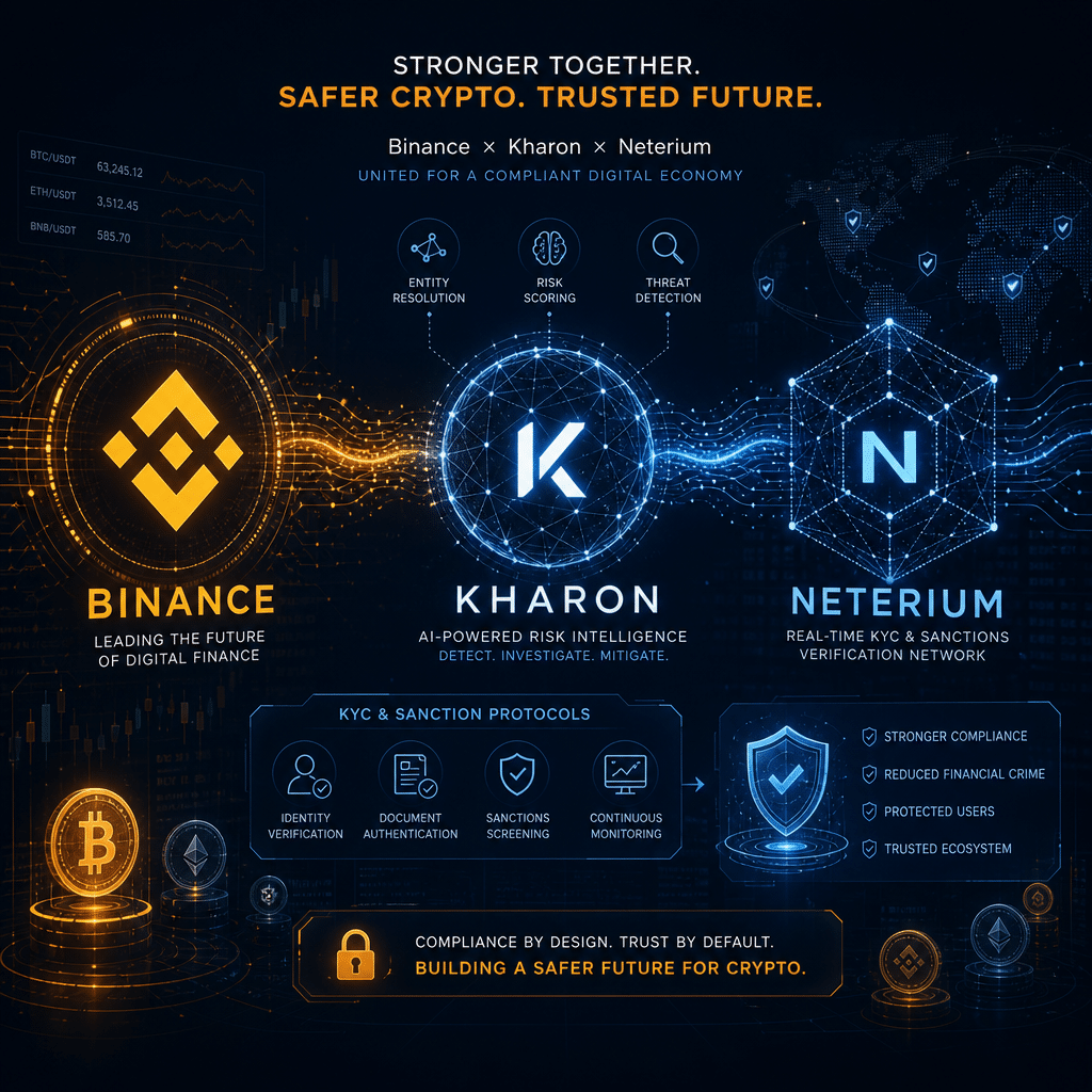 "Digital artwork featuring the logos of Binance, Kharon, and Neterium interacting in a sophisticated data environment, symbolizing KYC and sanction protocols for safer and stricter cryptocurrency trading, with colors Midnight Blue, Orange, and Dark Blue, in a 1200 x 628 pixels image size."