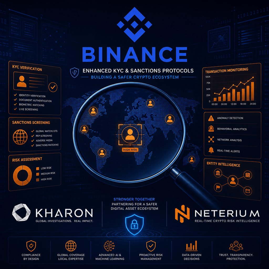 "Binance logo in Dark Blue showcased against a modern digital background in Midnight Blue with magnifying glass on digital map, representing advanced KYC and sanctions protocols in cryptocurrency sector. Features such as Orange color bar graphs, user icons and digital screens depict the technology and data analytics used in detecting and preventing illegal activities. Logos of Kharon and Neterium signify strategic alliances."