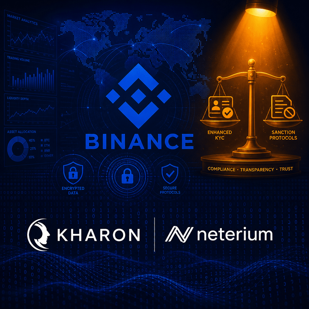 "Stylized Binance logo in midnight blue color (#021B88), illustrating cryptocurrency exchange and data analytics on a digital cybersecurity background. Integrated world map portrays global economic aspects. Lower half exhibits Kharon and Neterium logos midst binary code in dark blue (#000D43), symbolizing encrypted data. Top right corner highlights a balance scale in orange spotlight (#FF9811), representing legal compliance and advanced KYC & sanction protocols. The entire design captures the interplay of crypto trading, analytical data, and protocol adherence."