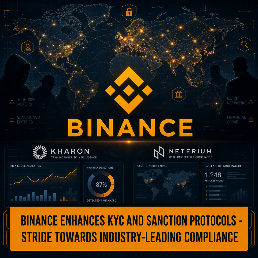 "Binance logo sits on a global map with shadowy figures, reflecting its enhanced KYC and sanction protocols in a joint venture with Kharon and Neterium. An intricate security network of lines and dots signify a strong defense system. Financial analytics visuals in orange, dark blue, and midnight blue display Binance's powerful and secure financial ecosystem. The image carries a text banner with the powerful statement 'Binance Enhances KYC and Sanction Protocols – Stride Towards Industry-Leading Compliance' in dark blue set on an orange rectangle, symbolizing Binance's commitment to industry-leading compliance."