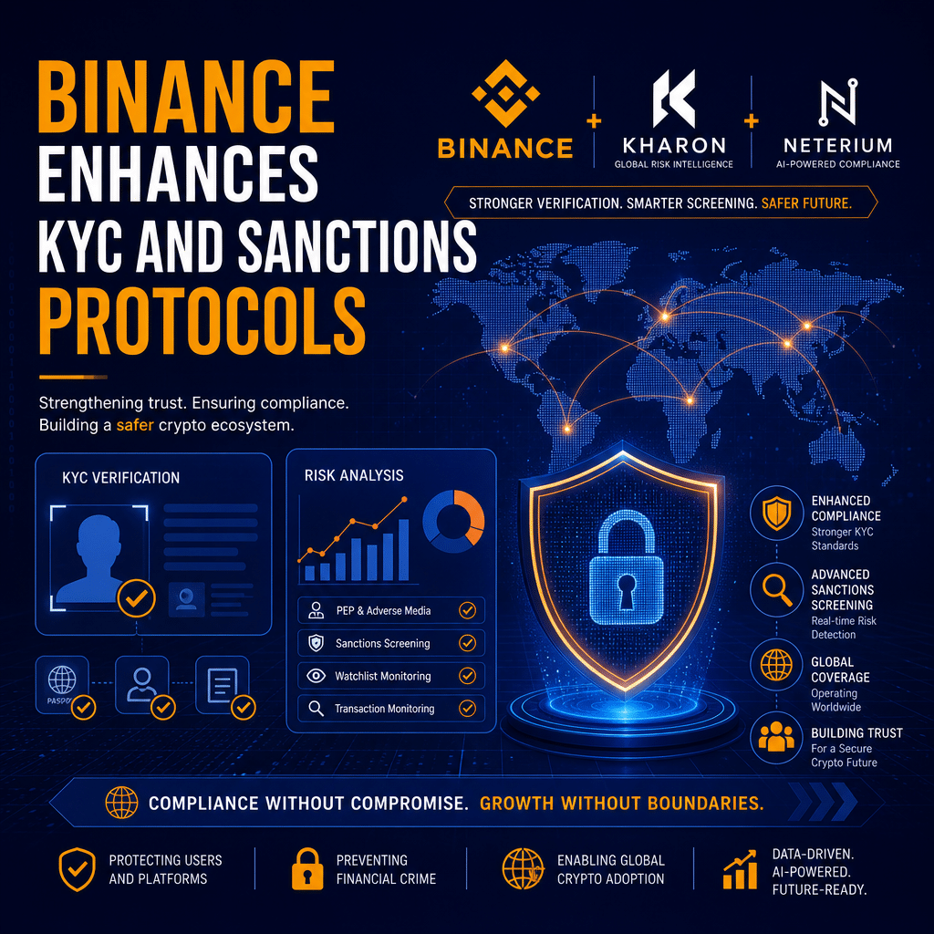 "Graphic showcasing Binance's partnership with Kharon and Neterium for improved KYC and protocols, featuring a global map, data analysis, and digital safety shield in a colour palette of dark blue, midnight blue and orange accents, with the words 'Binance Enhances KYC and Sanctions Protocols' in bold. Image promotes the worldwide reach of the Binance cryptocurrency exchange. Size: 1200x628 pixels."