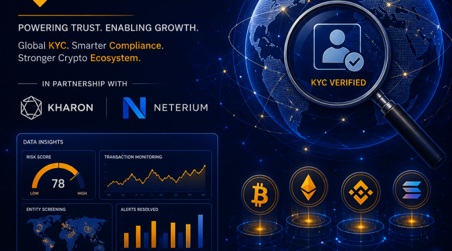 "Prominent Binance logo and cryptocurrency symbols on a dark blue background reflecting the partnership with Kharon and Neterium, a magnifying glass scanning a globe representing global KYC processes, data analytics visuals, and subtle network lines and nodes symbolizing the digital and connected nature of cryptocurrency trading. The image maintains a professional and tech-forward aesthetic using the brand colours Orange: #FF9811, Dark Blue: #000D43, Midnight blue: #021B88."