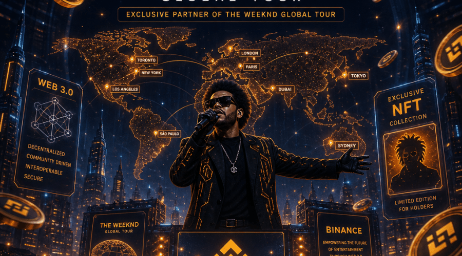 "Binance logo and The Weeknd performing on a futuristic digital stage with virtual crypto coins in orange and dark blue flowing around to represent their exclusive global tour partnership. Elements of Web 3.0 technology and NFT symbols hinting the innovative trends in the music industry."