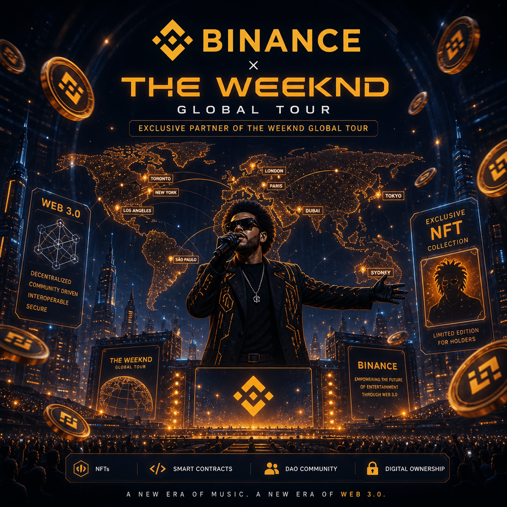 "Binance logo and The Weeknd performing on a futuristic digital stage with virtual crypto coins in orange and dark blue flowing around to represent their exclusive global tour partnership. Elements of Web 3.0 technology and NFT symbols hinting the innovative trends in the music industry."