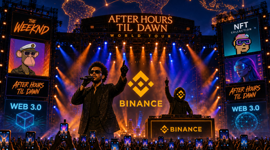 "The Weeknd performing on stage with Binance logo during 'After Hours Til Dawn' global tour, surrounded by a crowd holding up mobile phones. NFT images and Web 3.0 icon flash on large side screens. Spotlights illuminate the stage in Orange (#FF9811) and Midnight blue (#021B44) colors, while a stylized world map floats above, signifying the global nature of the tour. A dark blue banner with 'Crypto Powered World Tour' text is featured at the image bottom in liaison with the related article. Image dimensions are maintained at 1200x628 pixels."