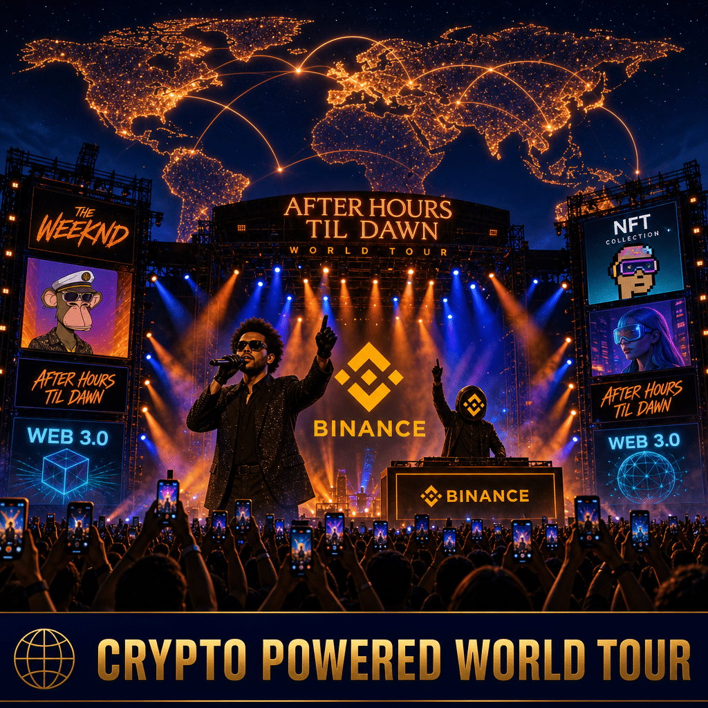 "The Weeknd performing on stage with Binance logo during 'After Hours Til Dawn' global tour, surrounded by a crowd holding up mobile phones. NFT images and Web 3.0 icon flash on large side screens. Spotlights illuminate the stage in Orange (#FF9811) and Midnight blue (#021B44) colors, while a stylized world map floats above, signifying the global nature of the tour. A dark blue banner with 'Crypto Powered World Tour' text is featured at the image bottom in liaison with the related article. Image dimensions are maintained at 1200x628 pixels."