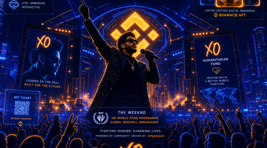 "Artist The Weekend performing on a world tour stage with Binance logo illuminated in the background, representing the fusion of music and Web 3.0 technology with elements of digital tokens and NFTs in vivid shades of Orange, Dark Blue and Midnight Blue. Visible outlines of excited fans watching the performance highlight the unique and iconic concert experience. Subtle nods to the XO Humanitarian Fund and The Weekend's role as a UN World Food Programme Global Goodwill Ambassador are also incorporated, showcasing the connection between music, crypto technology, and charity. Image size is 1200x628 pixels."