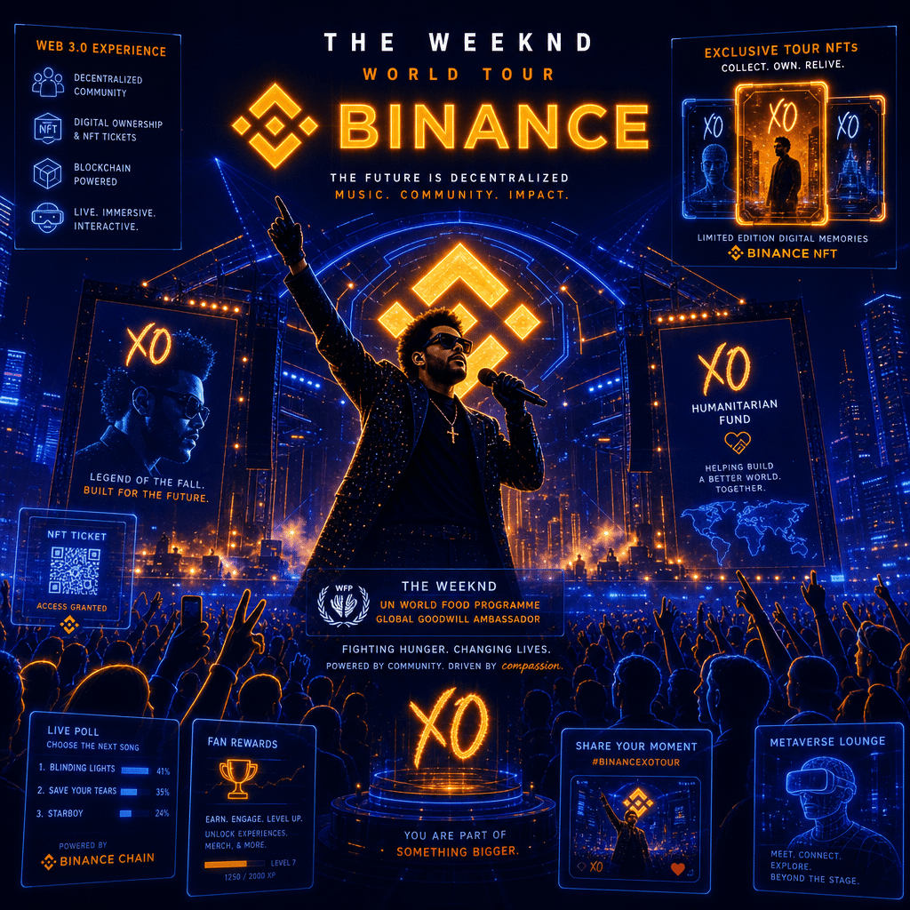 "Artist The Weekend performing on a world tour stage with Binance logo illuminated in the background, representing the fusion of music and Web 3.0 technology with elements of digital tokens and NFTs in vivid shades of Orange, Dark Blue and Midnight Blue. Visible outlines of excited fans watching the performance highlight the unique and iconic concert experience. Subtle nods to the XO Humanitarian Fund and The Weekend's role as a UN World Food Programme Global Goodwill Ambassador are also incorporated, showcasing the connection between music, crypto technology, and charity. Image size is 1200x628 pixels."