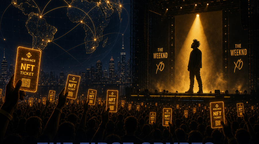"Artist The Weeknd's silhouette performing on a concert stage under a spotlight with the Binance logo hovering above, surrounded by a crowd of concert-goers holding glowing orange NFT tickets. A global map with interconnected lines symbolizes a world tour in the background. The image caption reads 'The First Crypto Powered World Tour' in midnight blue. Image size is 1200x628 pixels."