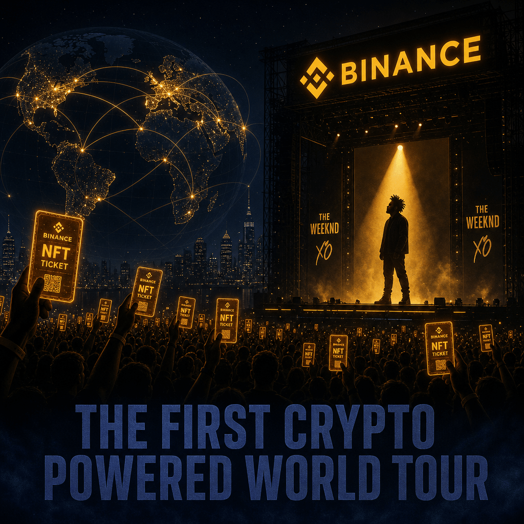 "Artist The Weeknd's silhouette performing on a concert stage under a spotlight with the Binance logo hovering above, surrounded by a crowd of concert-goers holding glowing orange NFT tickets. A global map with interconnected lines symbolizes a world tour in the background. The image caption reads 'The First Crypto Powered World Tour' in midnight blue. Image size is 1200x628 pixels."
