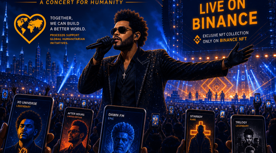 "International concert setting featuring an avatar of The Weeknd performing on stage under a luminously large Binance logo with a crowd enthusiastically displaying various NFTs on their digital screens, artistically rendered in striking shades of orange, dark blue, and midnight blue hinting at the intersection of cryptocurrency, music, and NFTs, subtly infused with a nod towards humanitarian causes."