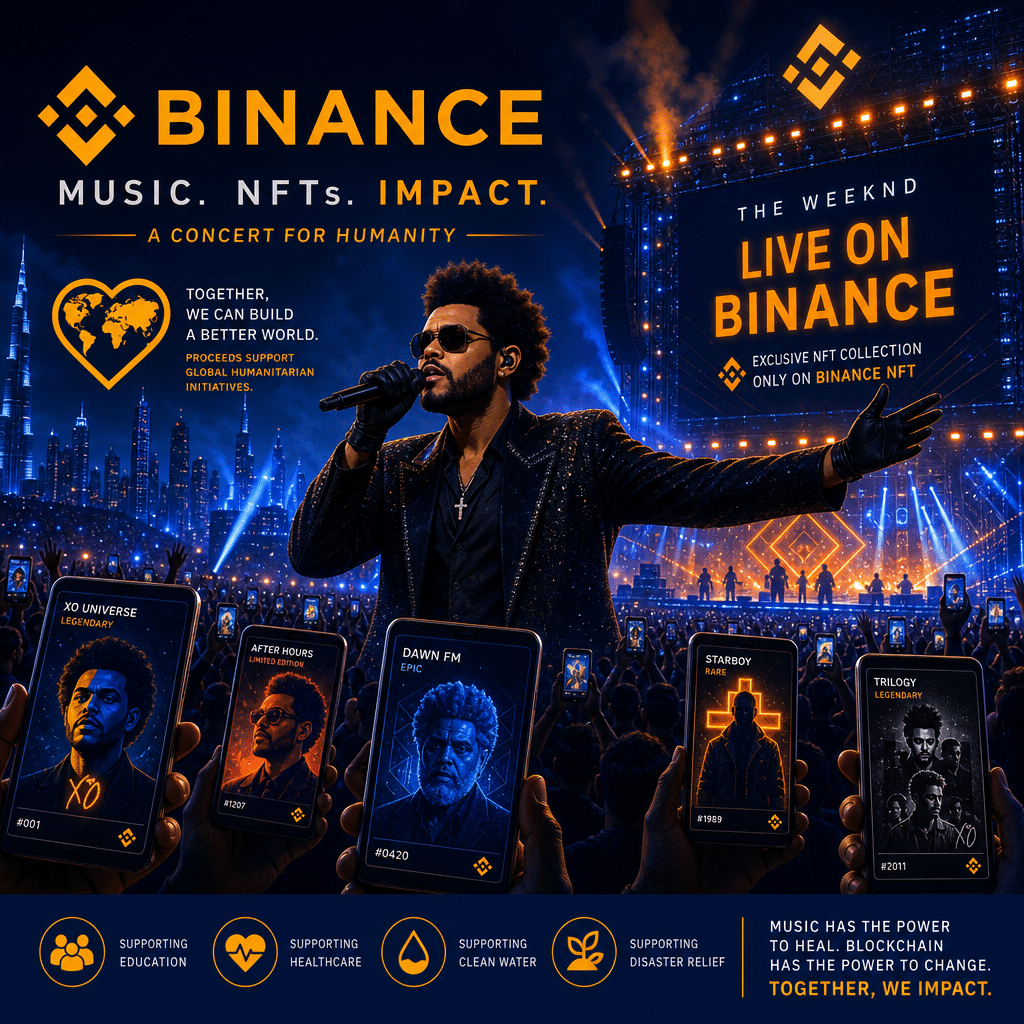 "International concert setting featuring an avatar of The Weeknd performing on stage under a luminously large Binance logo with a crowd enthusiastically displaying various NFTs on their digital screens, artistically rendered in striking shades of orange, dark blue, and midnight blue hinting at the intersection of cryptocurrency, music, and NFTs, subtly infused with a nod towards humanitarian causes."