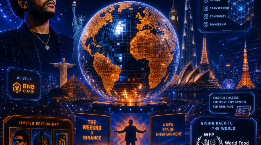 "3D disco ball globe set against a concert backdrop featuring artist The Weekend and Binance logo. Visual indication of a World Tour is presented through global landmarks and futuristic Web 3.0 tech elements signify the usage of crypto-powered tech. NFT symbols represent exclusive merchandise while the UN WFP crest denotes the charity aspect. The color scheme is a vibrant blend of Orange, Dark Blue, and Midnight Blue."