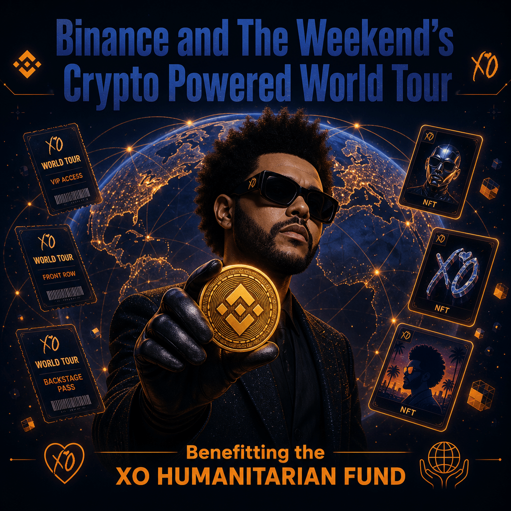 "Digital illustration of musician The Weekend holding a Binance cryptocurrency coin, surrounded by virtual tickets and NFT icons on a dark blue background with vibrant orange highlights. The image speaks of the global coverage of 'Binance and The Weekend's Crypto Powered World Tour' with the text at the top. The bottom of the image highlights 'Benefitting the XO Humanitarian Fund' in orange color. Conveys the brand's commitment to blend music, digital currency, and philanthropy."