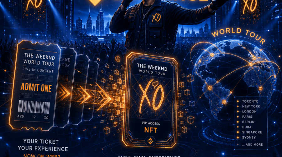 "The Weeknd performing live on Binance sponsored concert stage, as concert tickets transform into NFTs encapsulated within shiny web 3.0 graphics, signifying the marriage of music and crypto technology. Implied global tour via use of subtle globe elements, with a dominant dark blue tone and striking pops of orange, along with the darker shades of midnight blue for depth. Small icon of 'Donation to XO Humanitarian Fund' offering a social perspective, all in a composition that maintains a 1.9:1 dimension ratio for optimized visibility. Image emphasizes the digital, future-ready angle of the music industry."