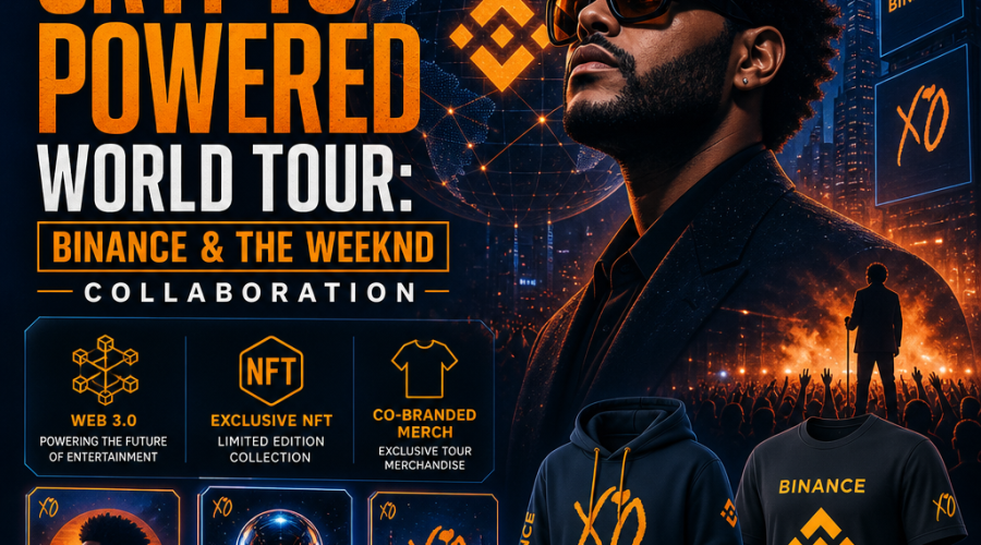 "Promotional image for Crypto Powered World Tour, a collaboration between Crypto exchange Binance and artist The Weeknd, featuring integrated Web 3.0 technology, and exclusive NFT collection with co-branded merchandise in shades of Orange, Dark Blue, and Midnight blue - endorsing the groundbreaking union of music and blockchain."