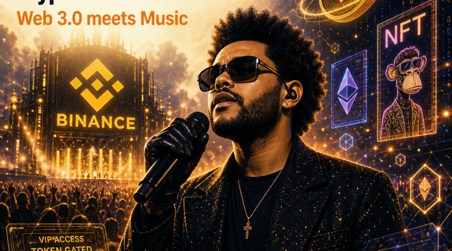 "The Weekend performing at a crypto-powered concert sponsored by Binance, surrounded by visual elements of crypto & NFT symbols. Overlay text reads 'Binance and The Weekend: Crypto-Powered World Tour' in brand color Dark Blue #000D43, and 'Web 3.0 meets Music' in Orange #FF9811. The image is rendered in 1200x628 pixels."