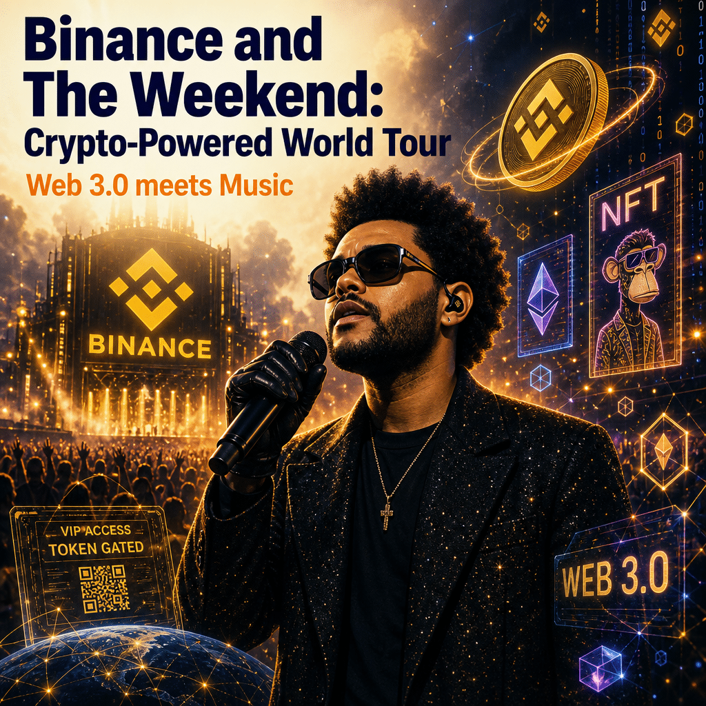 "The Weekend performing at a crypto-powered concert sponsored by Binance, surrounded by visual elements of crypto & NFT symbols. Overlay text reads 'Binance and The Weekend: Crypto-Powered World Tour' in brand color Dark Blue #000D43, and 'Web 3.0 meets Music' in Orange #FF9811. The image is rendered in 1200x628 pixels."