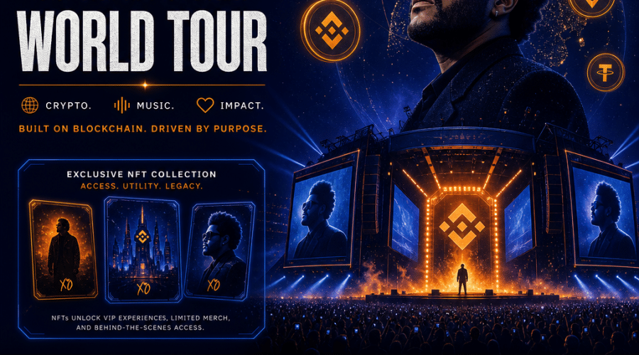 "Promotional visual for Binance and The Weeknd World Tour collaboration, highlighting the use of cryptocurrency and NFTs with symbolic designs in brand colours of Orange, Dark Blue, and Midnight Blue. Elements include the World Tour stage, digital currency pieces, NFT artworks, and charity motifs for a philanthropic touch."
