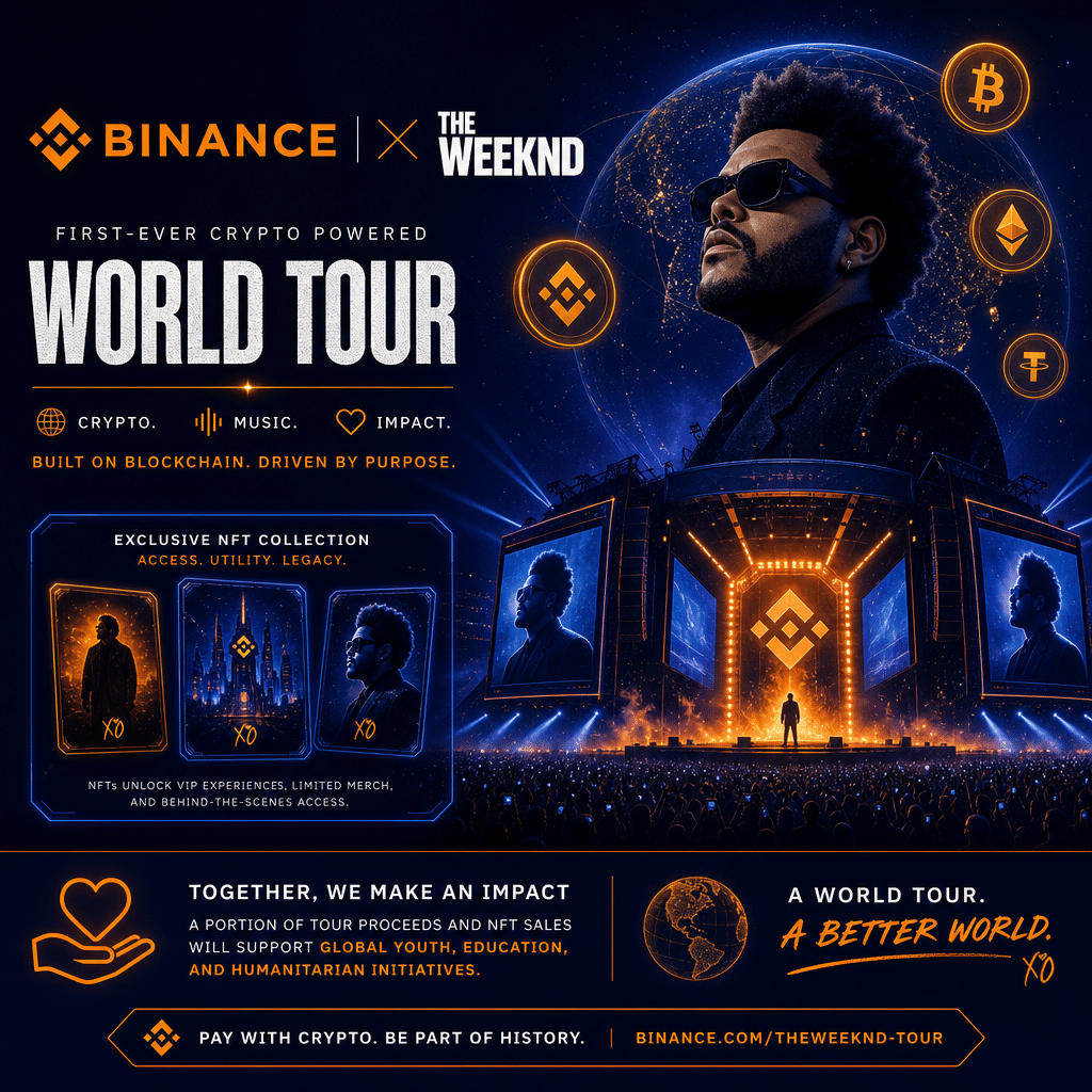 "Promotional visual for Binance and The Weeknd World Tour collaboration, highlighting the use of cryptocurrency and NFTs with symbolic designs in brand colours of Orange, Dark Blue, and Midnight Blue. Elements include the World Tour stage, digital currency pieces, NFT artworks, and charity motifs for a philanthropic touch."
