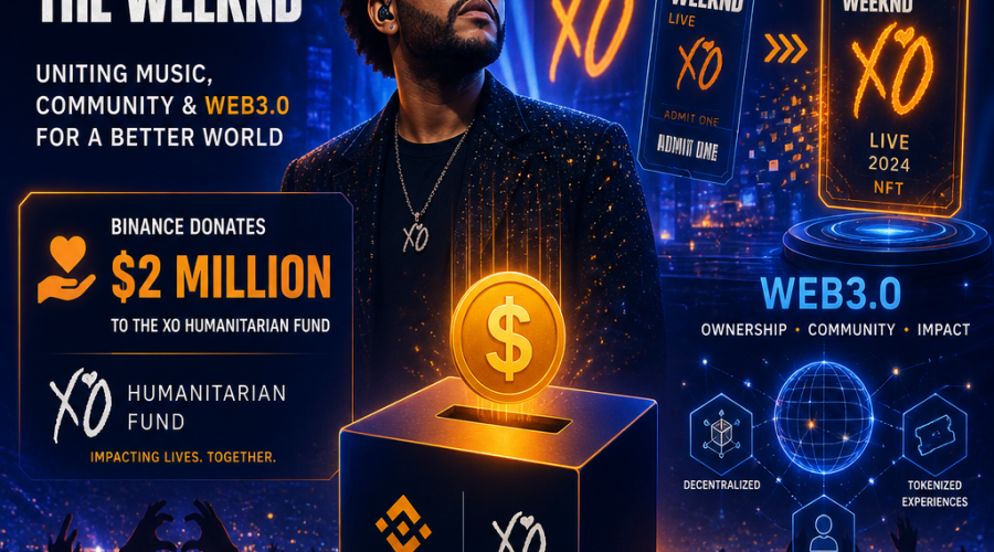 "Stylized illustration of Binance and The Weekend amidst Web 3.0 elements on stage, featuring virtual ticket stubs morphing into NFTs in Orange (#FF9811), Dark Blue (#000D43), and Midnight Blue (#021B88), and a symbolic representation of the million donation to the XO Humanitarian Fund."