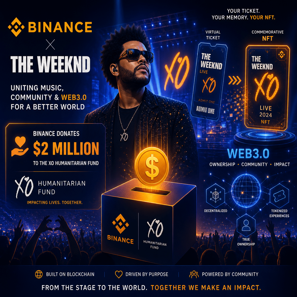 "Stylized illustration of Binance and The Weekend amidst Web 3.0 elements on stage, featuring virtual ticket stubs morphing into NFTs in Orange (#FF9811), Dark Blue (#000D43), and Midnight Blue (#021B88), and a symbolic representation of the $2 million donation to the XO Humanitarian Fund."