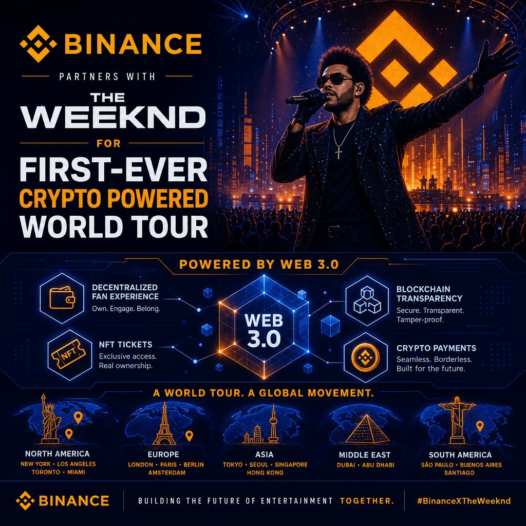 "Binance logo and The Weekend performing on stage with a digital infographic displaying Web 3.0 integration, utilizing brand specific colors, Orange, Dark Blue, and Midnight Blue, along with global concert tour icons, emphasizing on the partnership of Binance and The Weekend for the first-ever Crypto Powered World Tour in bold modern fonts."